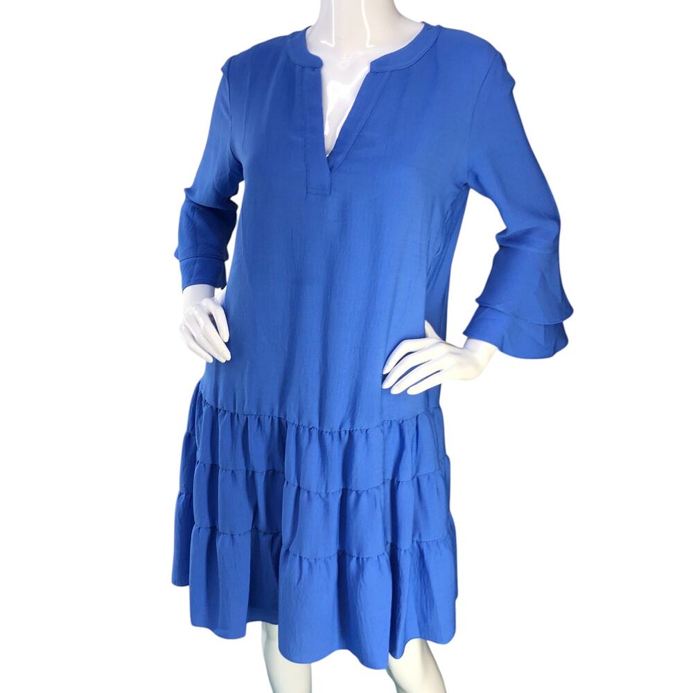 Joseph Ribkoff Women Size 6 Dress Tiered Ruffle Bell Sleeve Jersey Stretch Lined